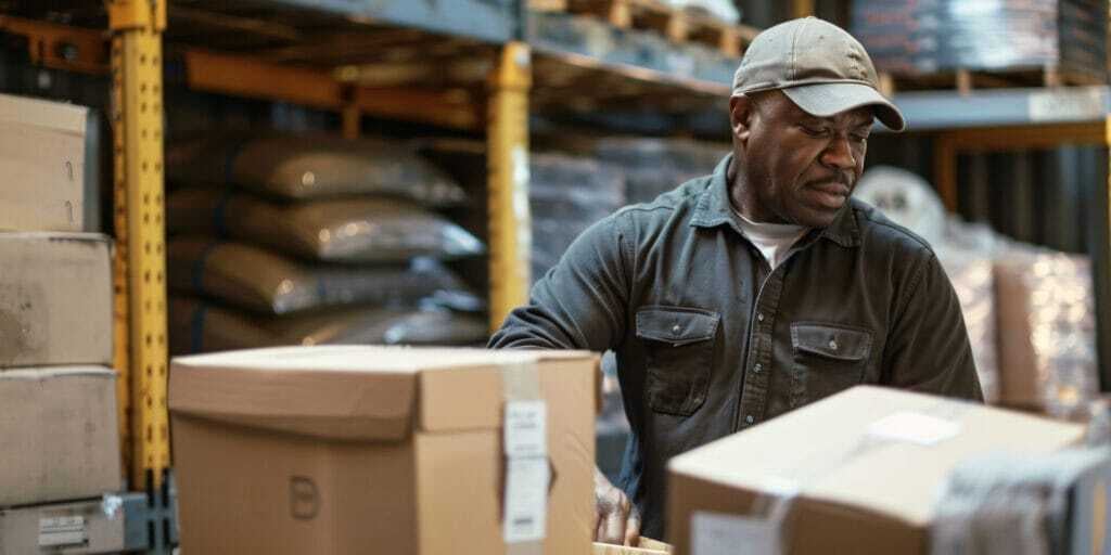 Warehouse worker organizing and managing packages during a busy holiday season.