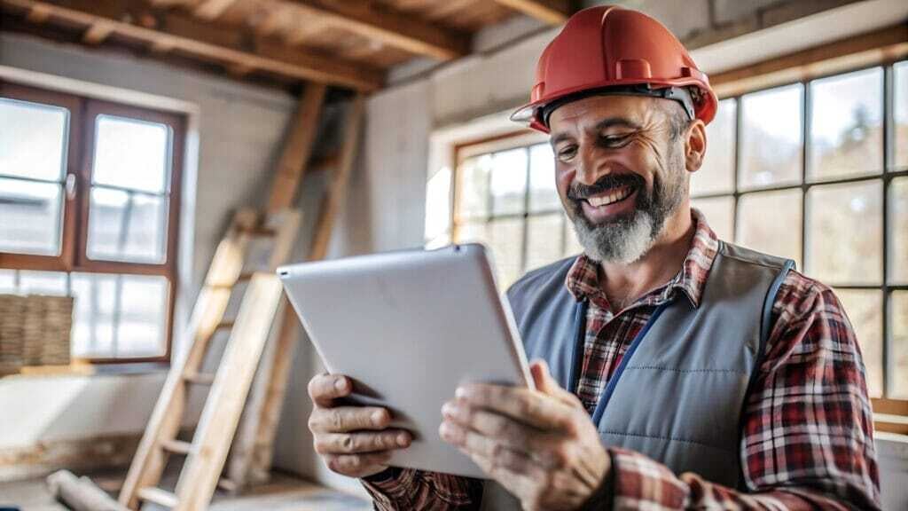 Smiling construction worker using a tablet in a bright workspace, highlighting the integration of technology in managing workforce flexibility.