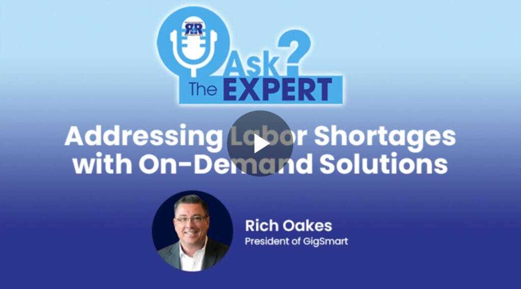 Screenshot of the R&R Magazine podcast featuring Rich Oakes discussing on-demand staffing solutions for labor shortages.