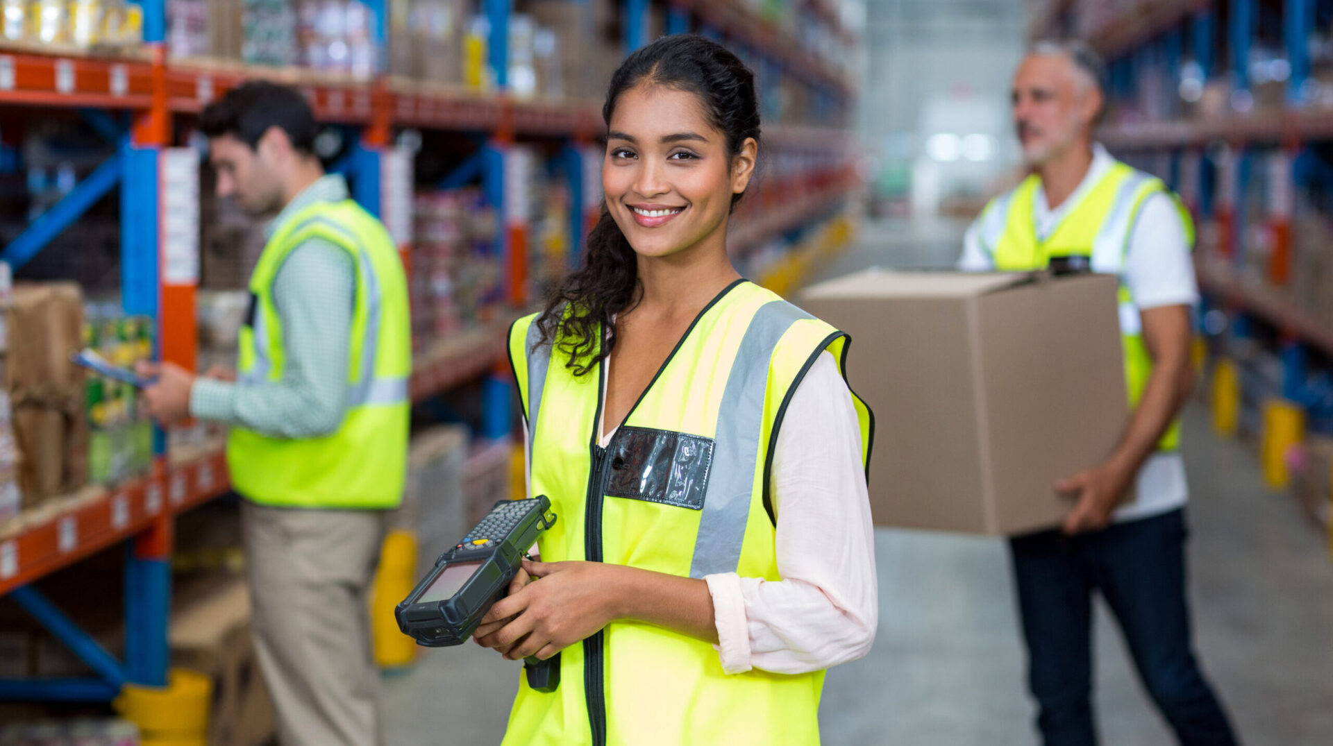 Portrait,Of,Female,Warehouse,Worker,Standing,With,Barcode,Scanner,In